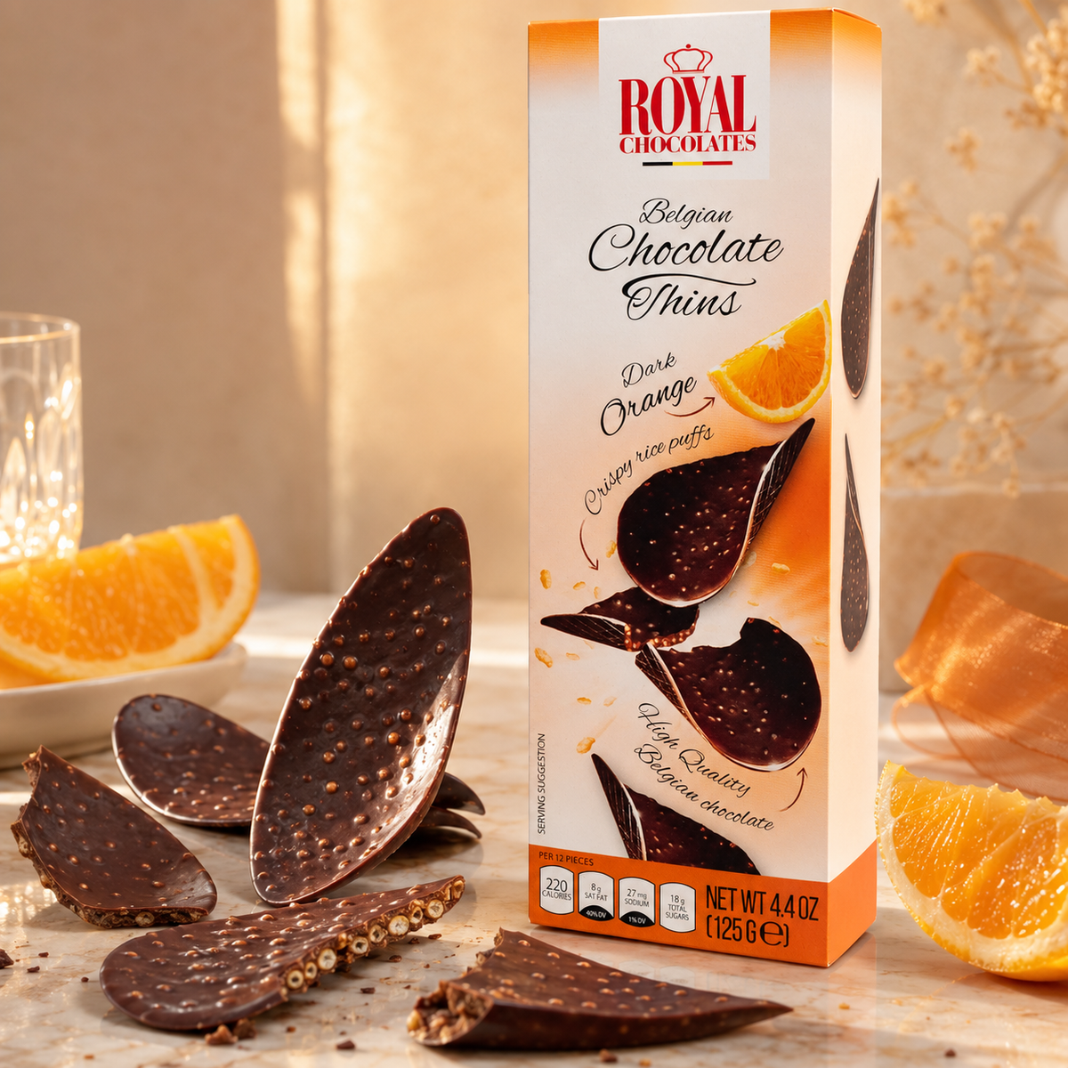 Royal Chocolates Belgian Dark Chocolate Orange Thins with Crispy Rice Puffs, 4.4 oz (125 g)