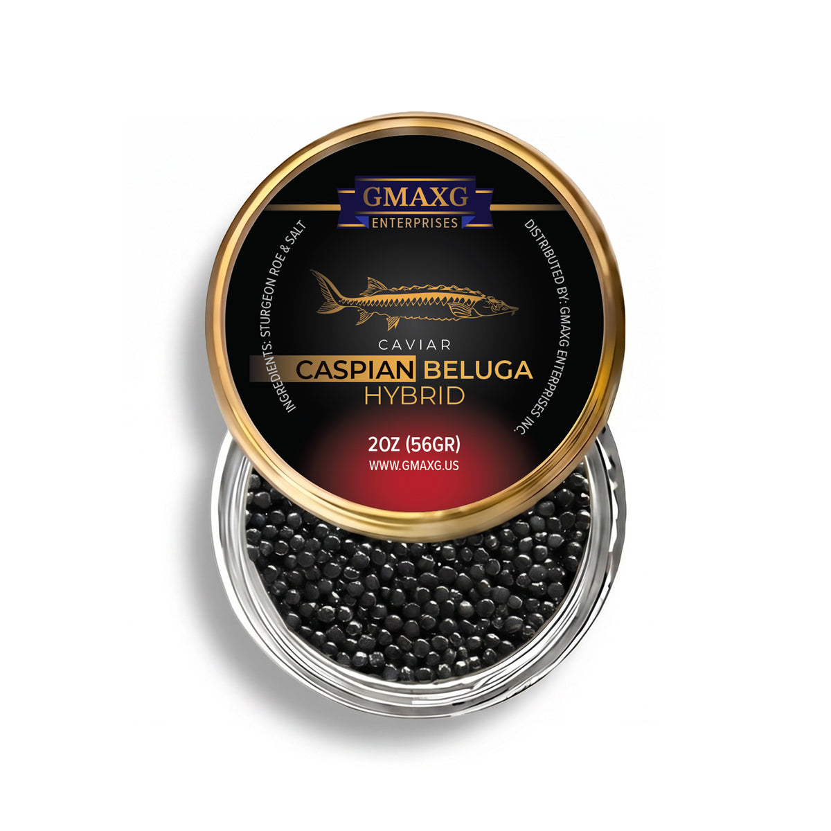 Caspian Beluga Hybrid Black Caviar Open Tin 2oz with Large Pearls and Premium Gourmet Presentation on White Background