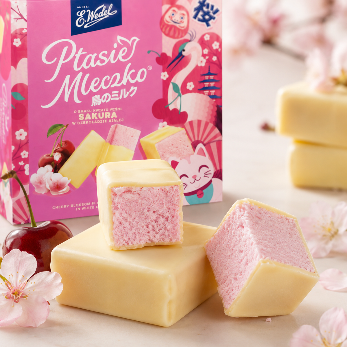 E. Wedel Limited Edition Ptasie Mleczko Polish Bird's Milk – Sakura Cherry Blossom in White Chocolate, 340g