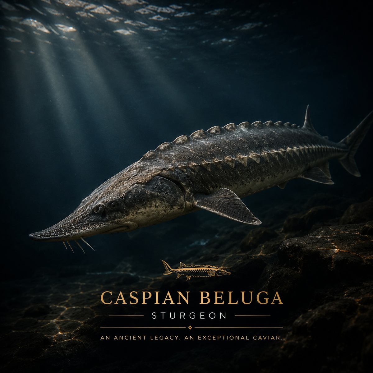 Caspian Beluga sturgeon swimming in deep underwater habitat, showcasing the ancient species behind premium Beluga caviar.
