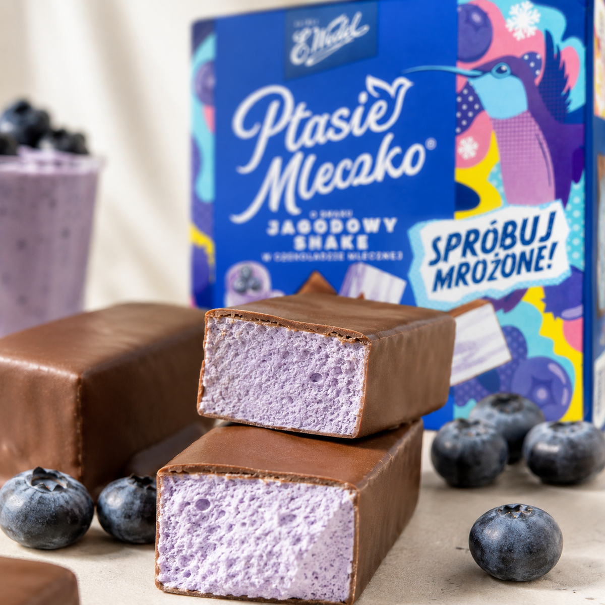 E. Wedel Limited Edition Ptasie Mleczko Polish Bird's Milk – Blueberry Shake in Milk Chocolate, 340g