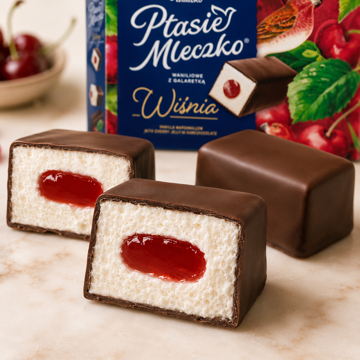 E. Wedel Limited Edition Ptasie Mleczko Polish Bird's Milk – Vanilla Marshmallow with Cherry Jelly in Dark Chocolate, 340g