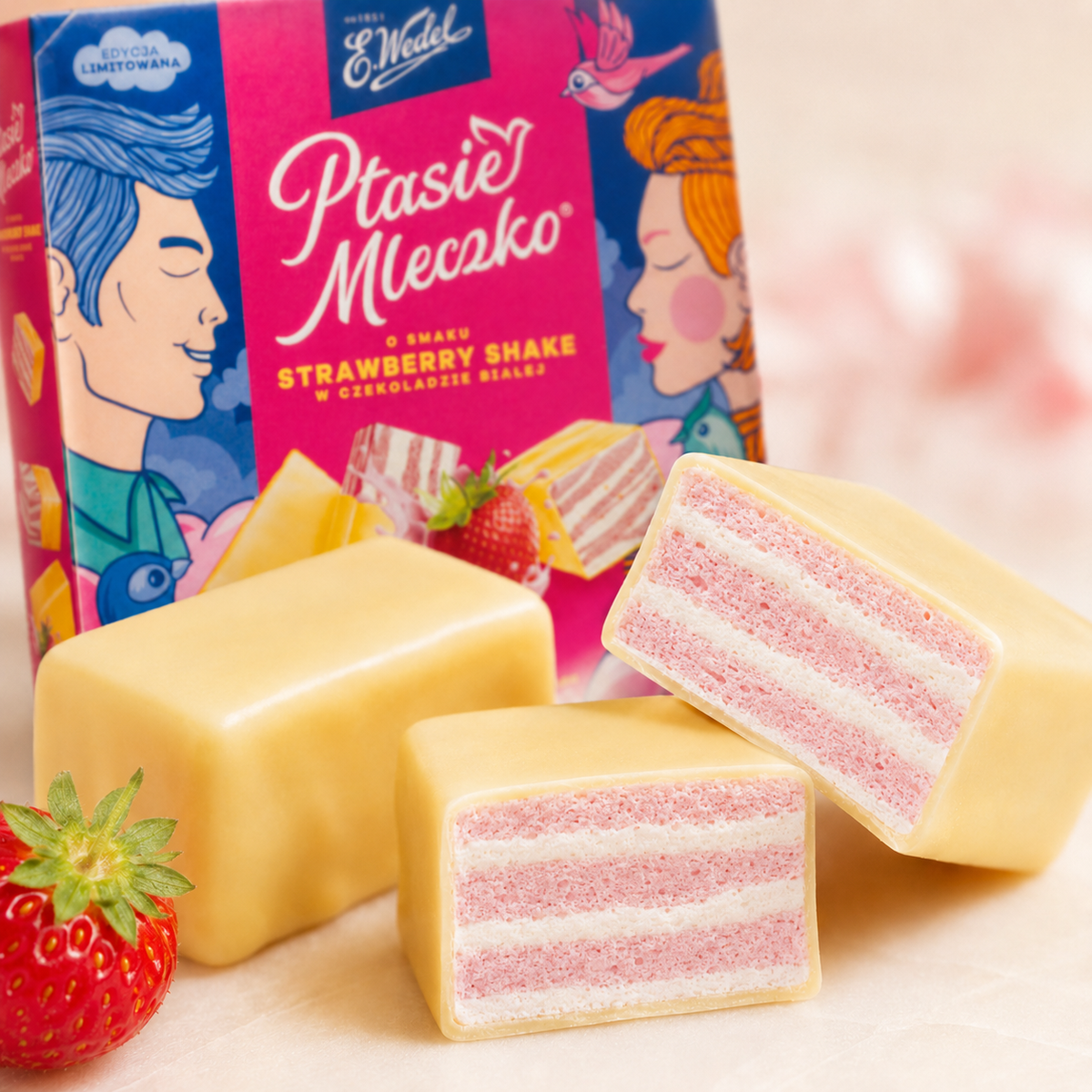 E. Wedel Limited Edition Ptasie Mleczko Polish Bird's Milk – Strawberry Shake in White Chocolate, 340g