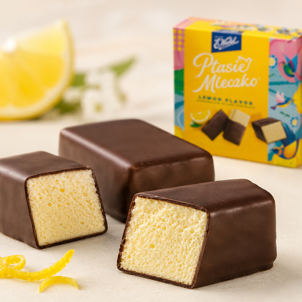 E. Wedel Ptasie Mleczko Polish Bird's Milk – Lemon Marshmallow in Dark Chocolate, 340g