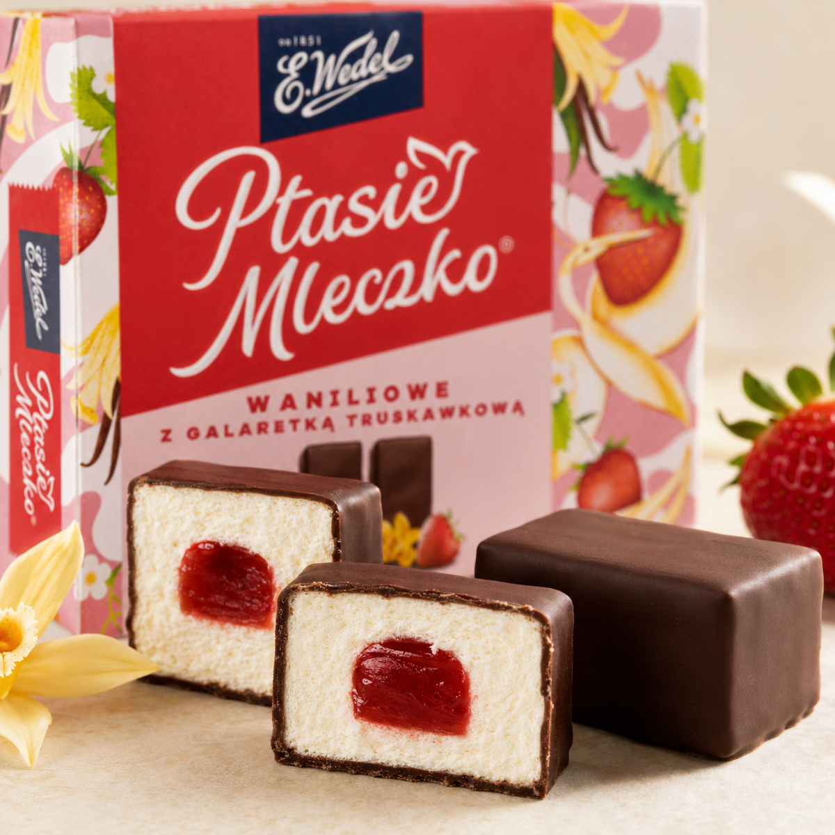 E. Wedel Ptasie Mleczko Polish Bird's Milk – Vanilla Marshmallow with Strawberry Jelly in Dark Chocolate, 340g