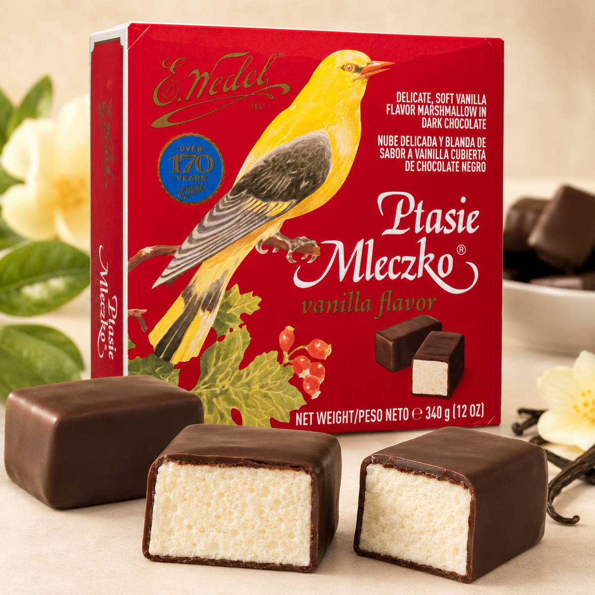 E. Wedel Vintage Ptasie Mleczko Polish Bird's Milk – Vanilla Marshmallow in Dark Chocolate, 340g
