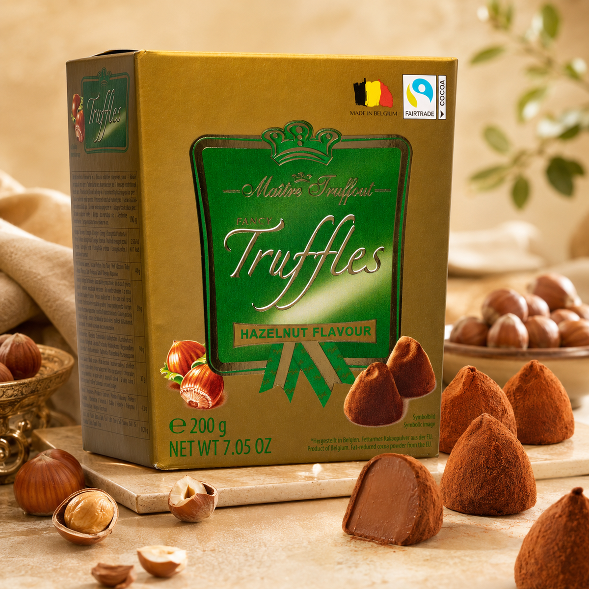 Maitre Truffout Hazelnut Flavor Belgian Cocoa-Dusted Truffles, 200g