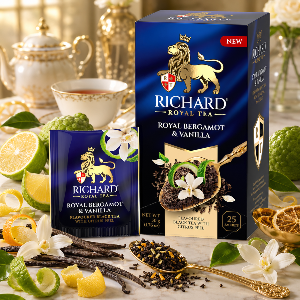 Richard Royal Bergamot & Vanilla Ceylon Black Tea Bags with Citrus Peel, 25-Sachet Gift Box, 50g