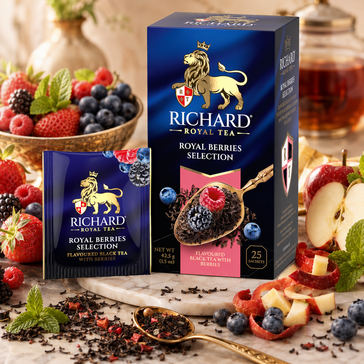 Richard Royal Berries Selection Black Tea Bags with Blueberry, Strawberry & Raspberry, 25-Sachet Gift Box, 42.5g
