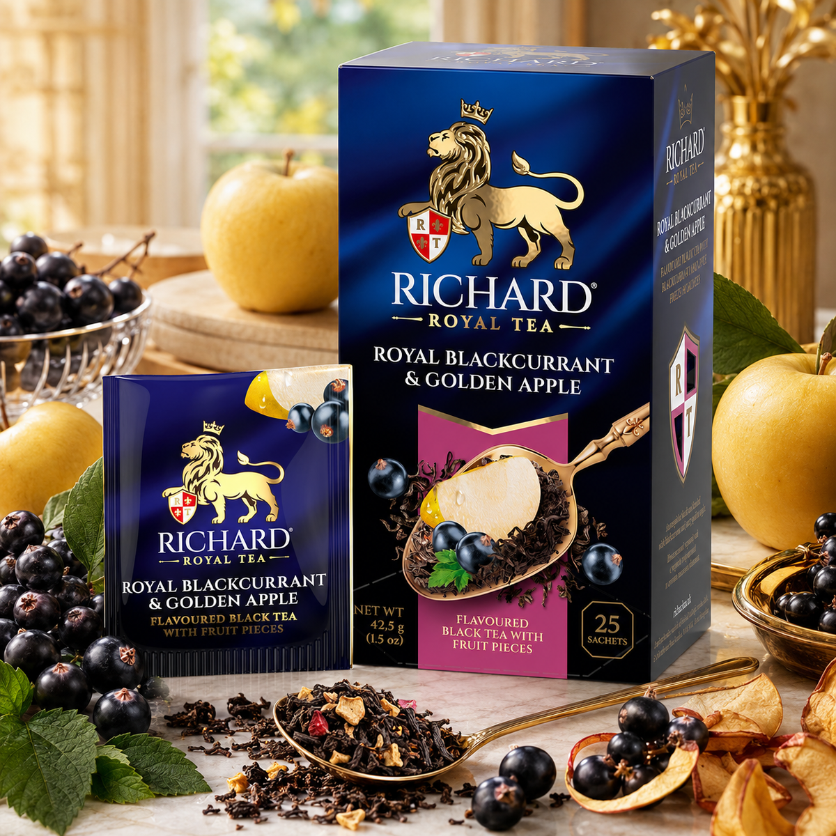 Richard Royal Blackcurrant & Golden Apple Black Tea Bags with Fruit Pieces, 25-Sachet Gift Box, 42.5g