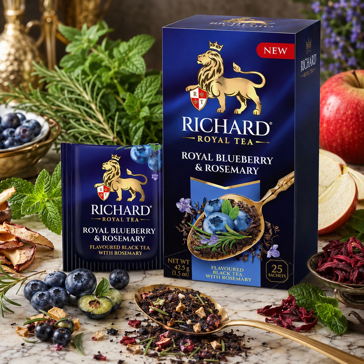 Richard Royal Blueberry & Rosemary Black Tea Bags with Apple, Mint & Bilberry, 25-Sachet Gift Box, 42.5g