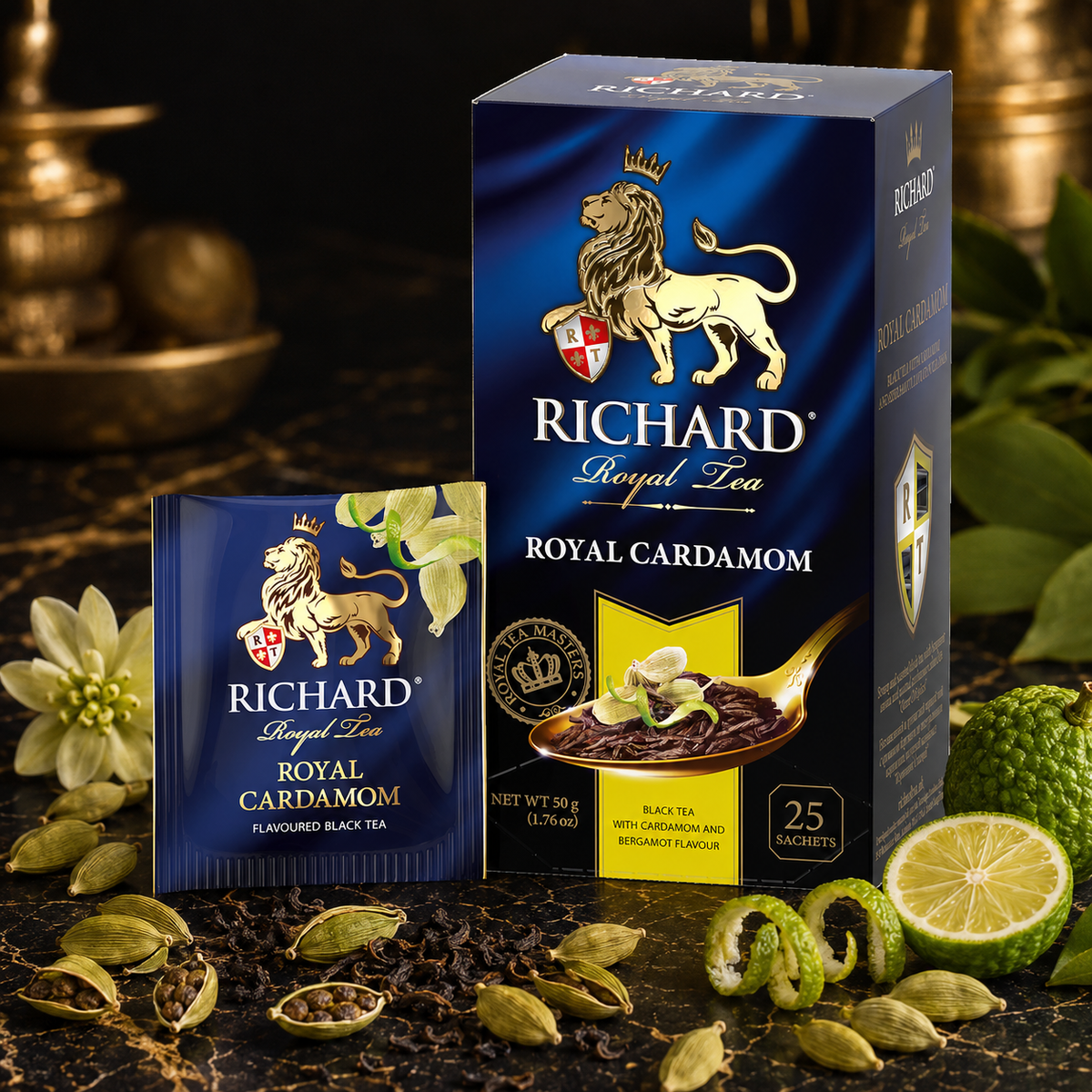 Richard Royal Cardamom & Bergamot Black Tea Bags, Aromatic Citrus Spice Blend, 25-Sachet Gift Box, 50g