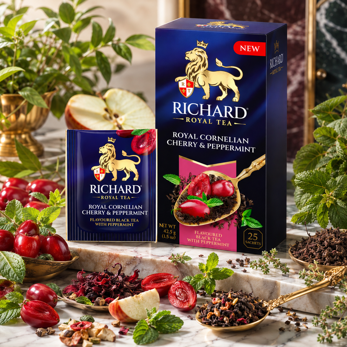 Richard Royal Cornelian Cherry & Peppermint Black Tea Bags with Herbal Botanicals, 25-Sachet Gift Box, 42.5g
