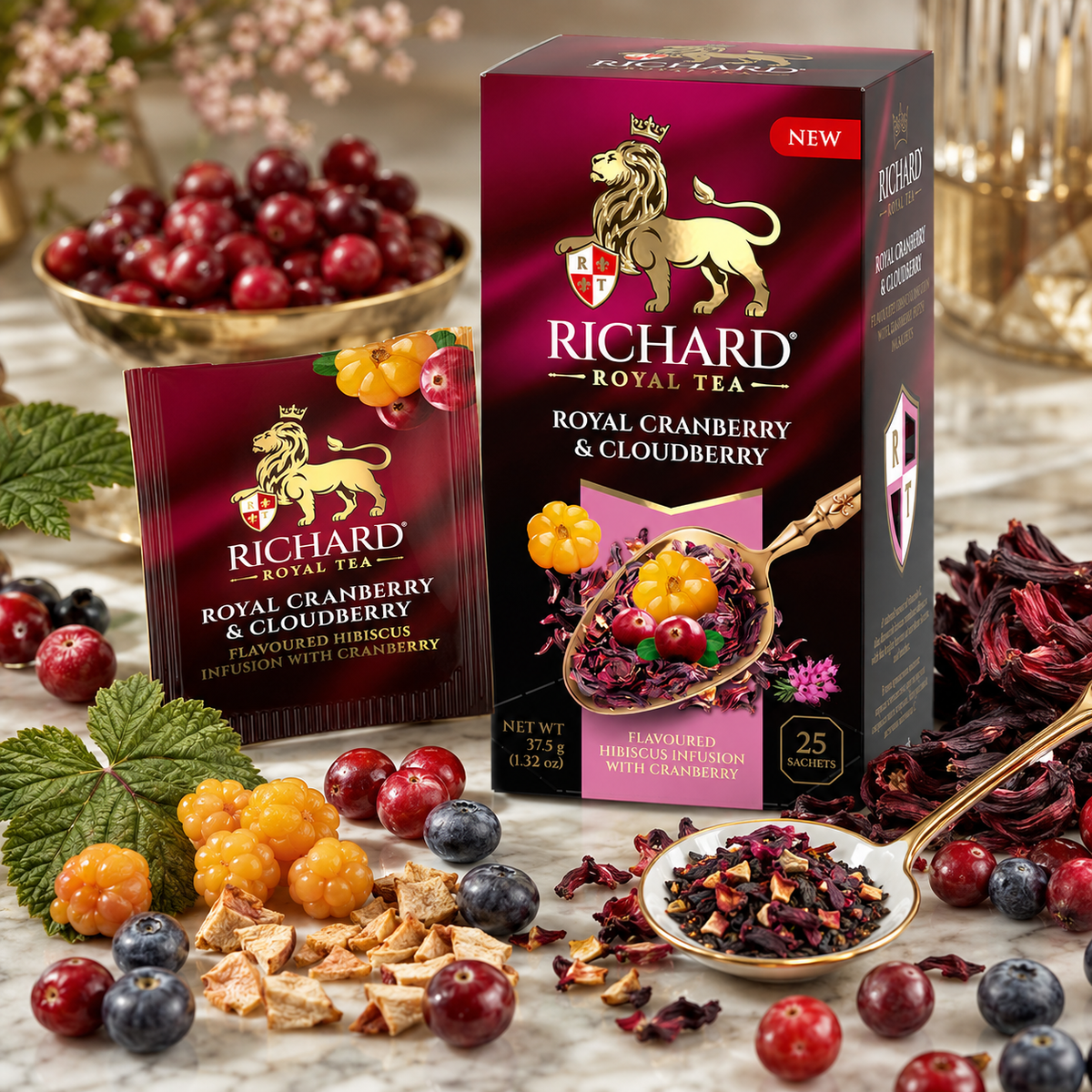 Richard Royal Cranberry & Cloudberry Hibiscus Infusion Tea Bags with Apple & Berries, 25-Sachet Gift Box, 37.5g