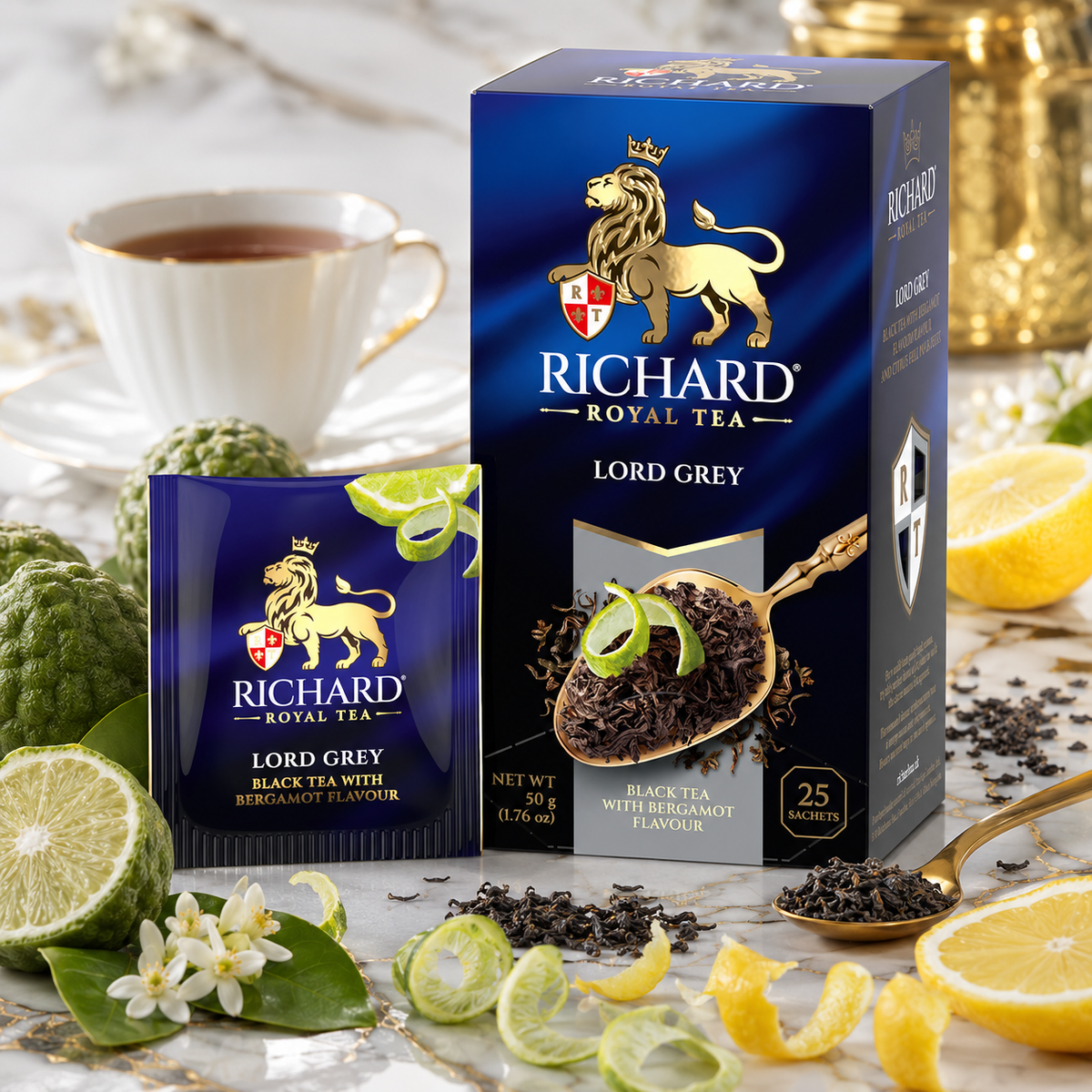 Richard Royal Lord Grey Earl Grey Black Tea Bags with Bergamot & Lemon Peel, 25-Sachet Gift Box, 50g