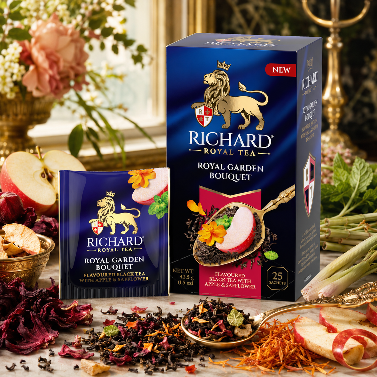 Richard Royal Garden Bouquet Black Tea Bags with Apple, Mint & Safflower, 25-Sachet Gift Box, 42.5g