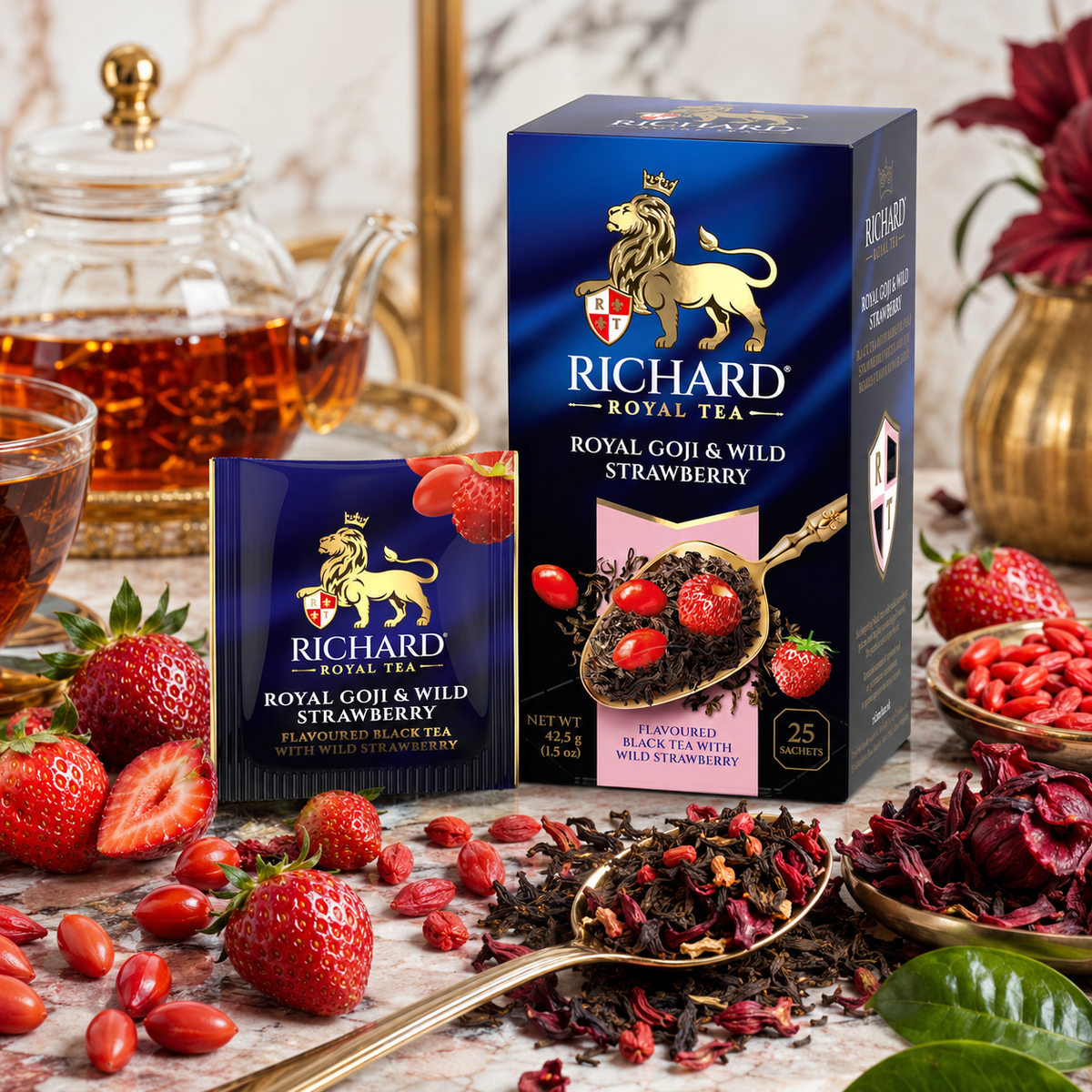 Richard Royal Goji Berries & Wild Strawberry Black Tea Bags, 25-Sachet Gift Box, 42.5g