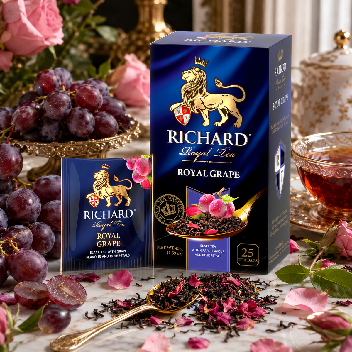Richard Royal Grape & Rose Petals Black Tea Bags, Floral Fruit Blend, 25-Sachet Gift Box, 45g