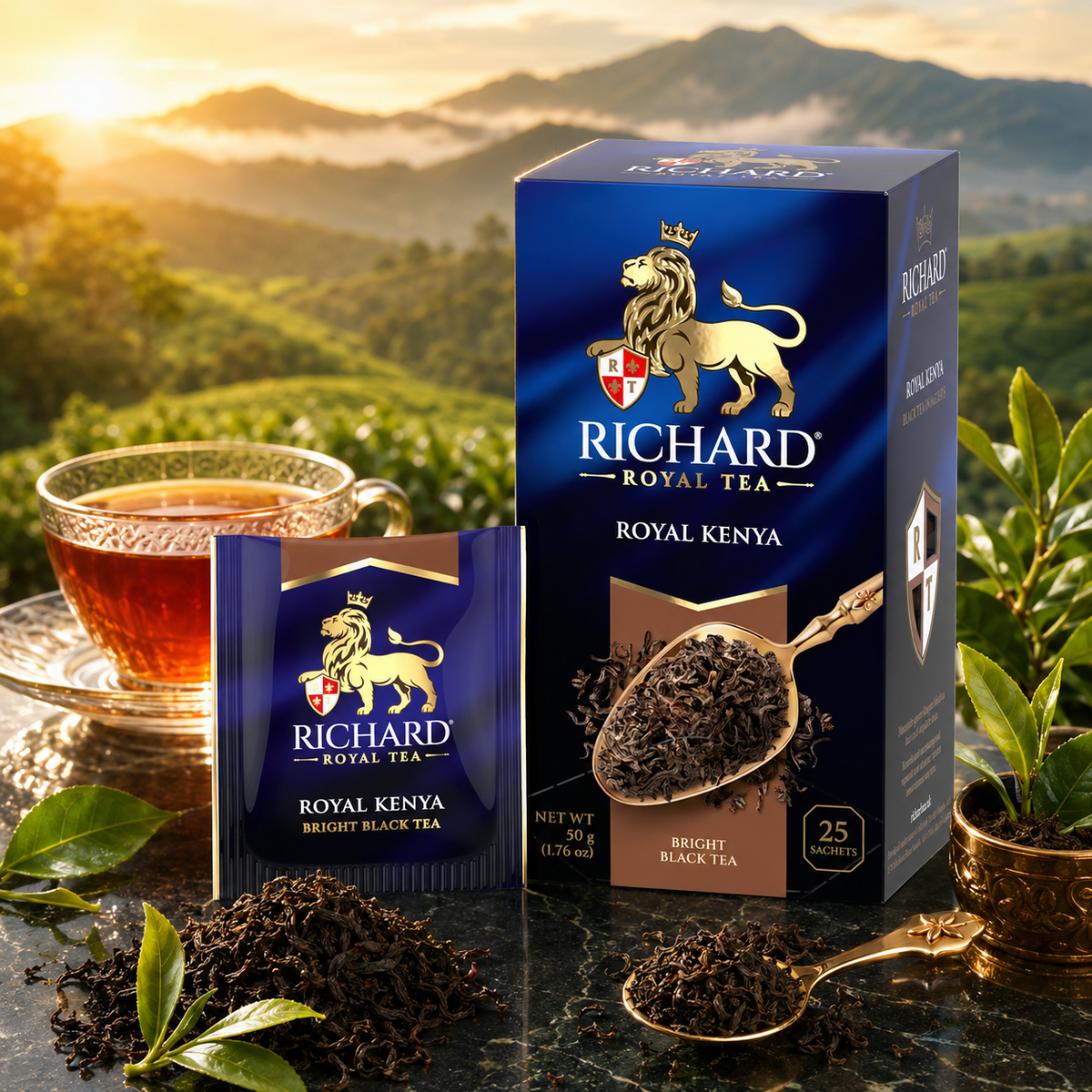 Richard Royal Kenya Black Tea Bags, Mountain-Grown Bright African Tea, 25-Sachet Gift Box, 50g