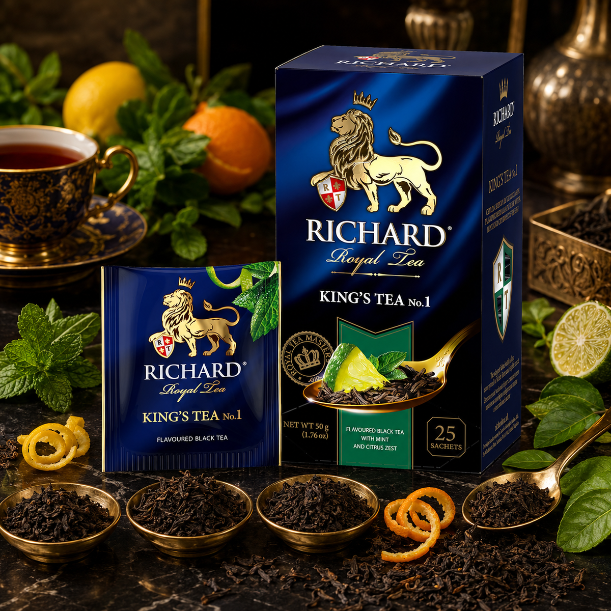 Richard Royal King's Tea No.1 Black Tea Bags with Lime & Citrus Zest, 25-Sachet Gift Box, 50g