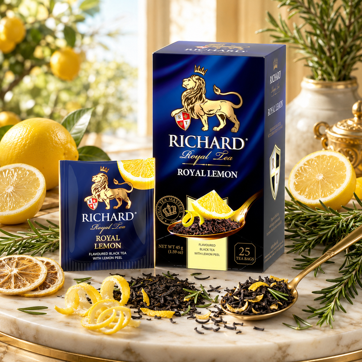 Richard Royal Lemon Black Tea Bags with Lemon Peel & Rosemary, 25-Sachet Gift Box, 45g