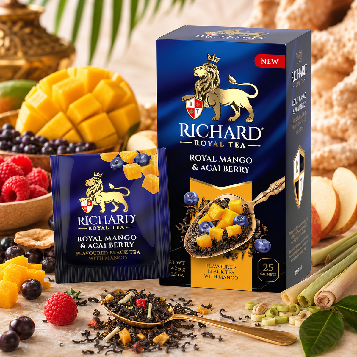 Richard Royal Mango & Acai Berry Black Tea Bags with Tropical Fruit, 25-Sachet Gift Box, 42.5g