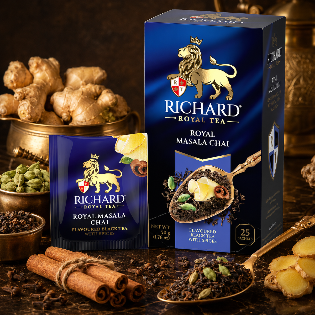 Richard Royal Masala Chai Black Tea Bags with Ginger, Cardamom, Cinnamon & Pepper, 25-Sachet Gift Box, 50g