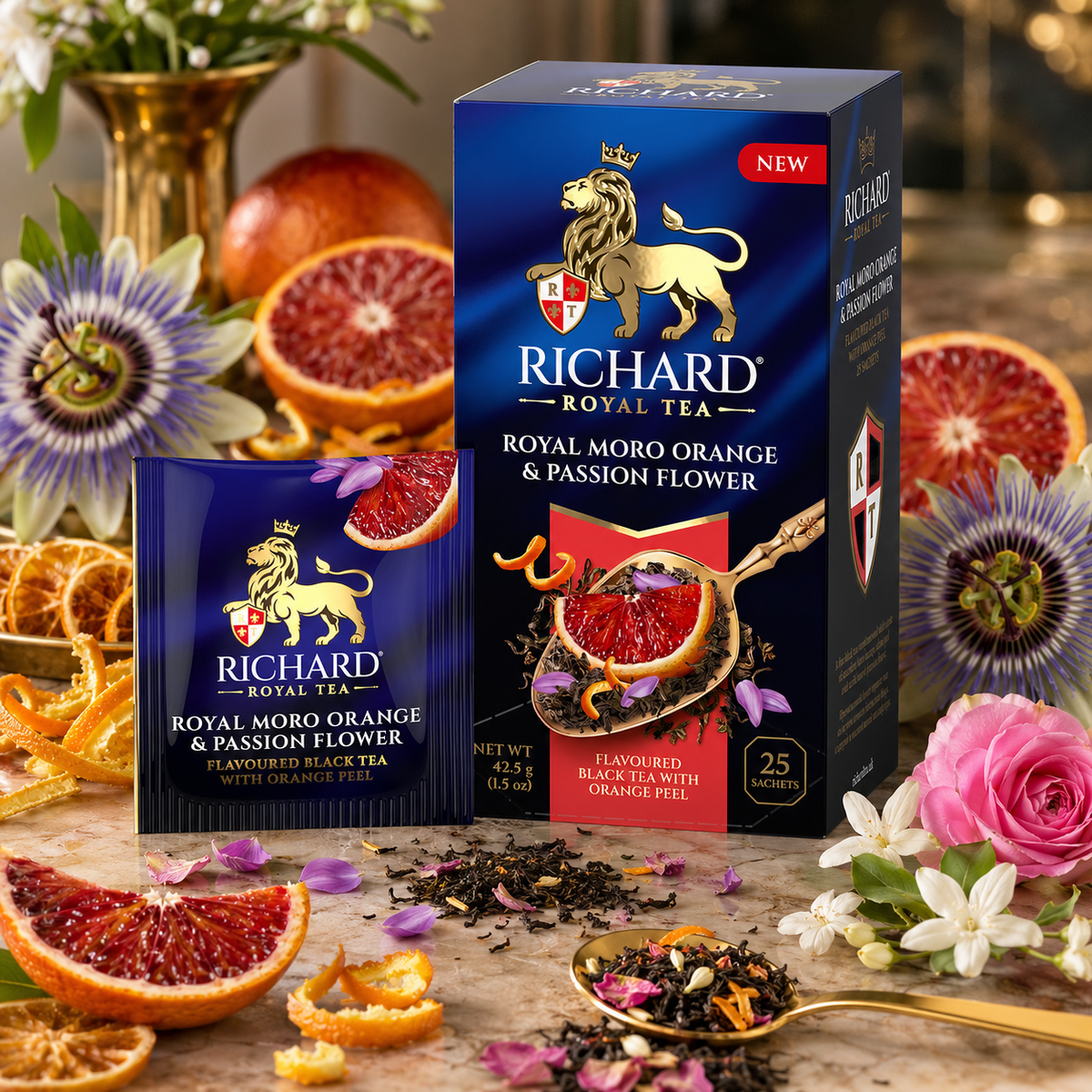 Richard Royal Moro Orange & Passion Flower Black Tea Bags with Jasmine & Rose, 25-Sachet Gift Box, 42.5g