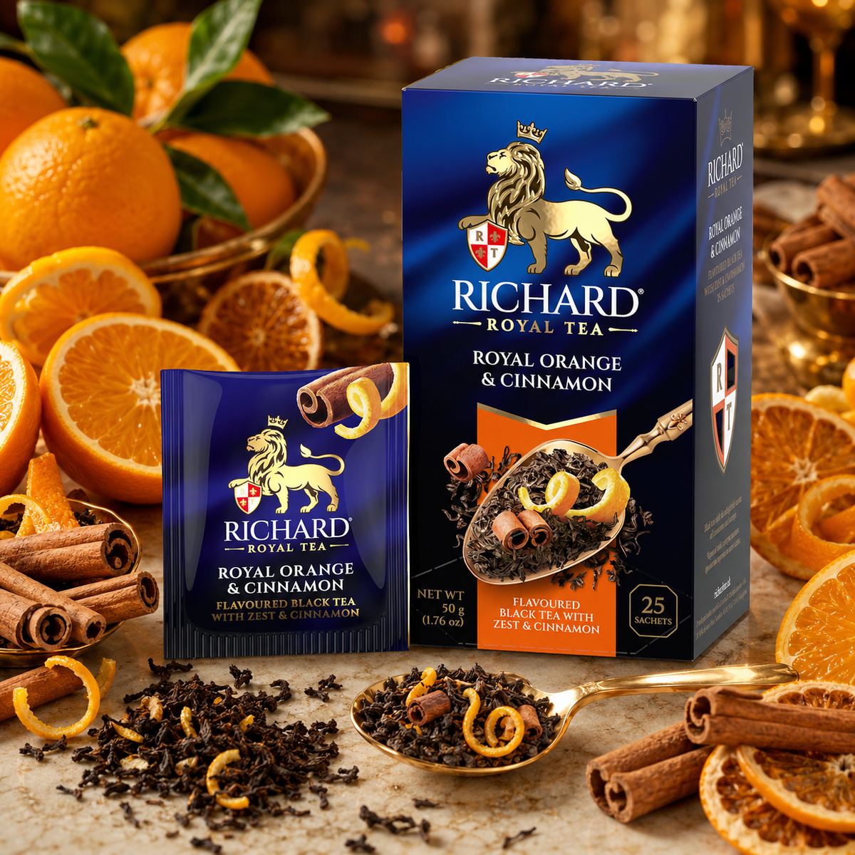 Richard Royal Orange & Cinnamon Black Tea Bags with Citrus Zest & Spice, 25-Sachet Gift Box, 50g
