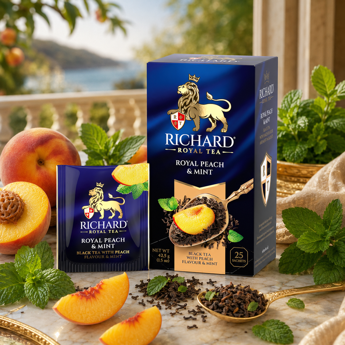 Richard Royal Peach & Mint Black Tea Bags, Fruit-Flavored Blend, 25-Sachet Gift Box, 42.5g
