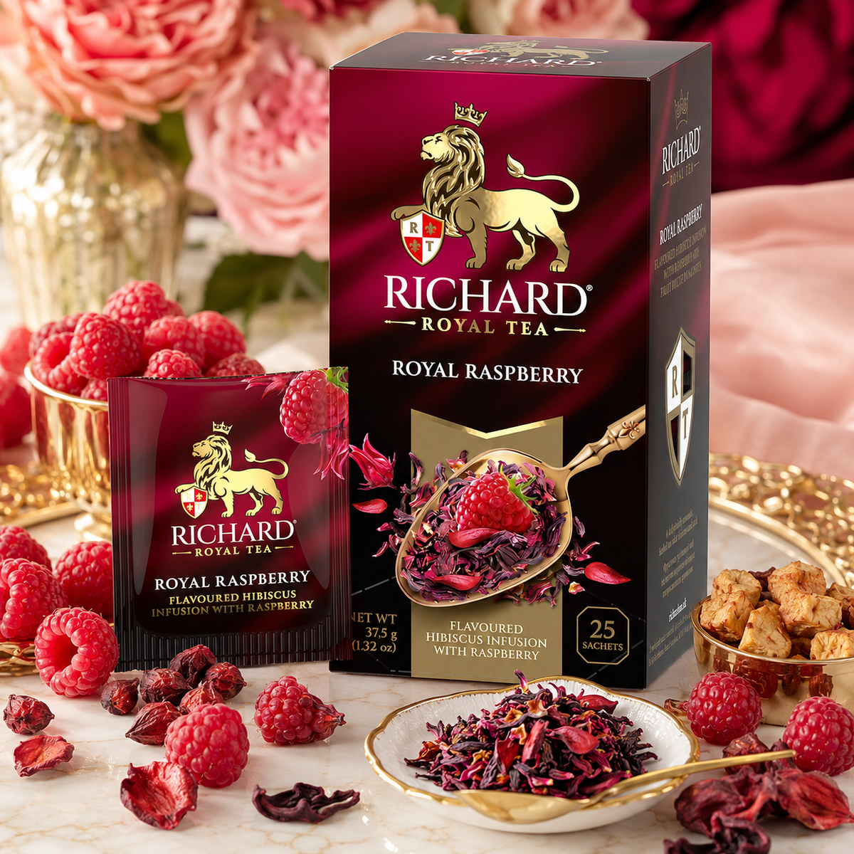 Richard Royal Raspberry Hibiscus Infusion Tea Bags with Rosehip, Apple & Raspberry, 25-Sachet Gift Box, 37.5g