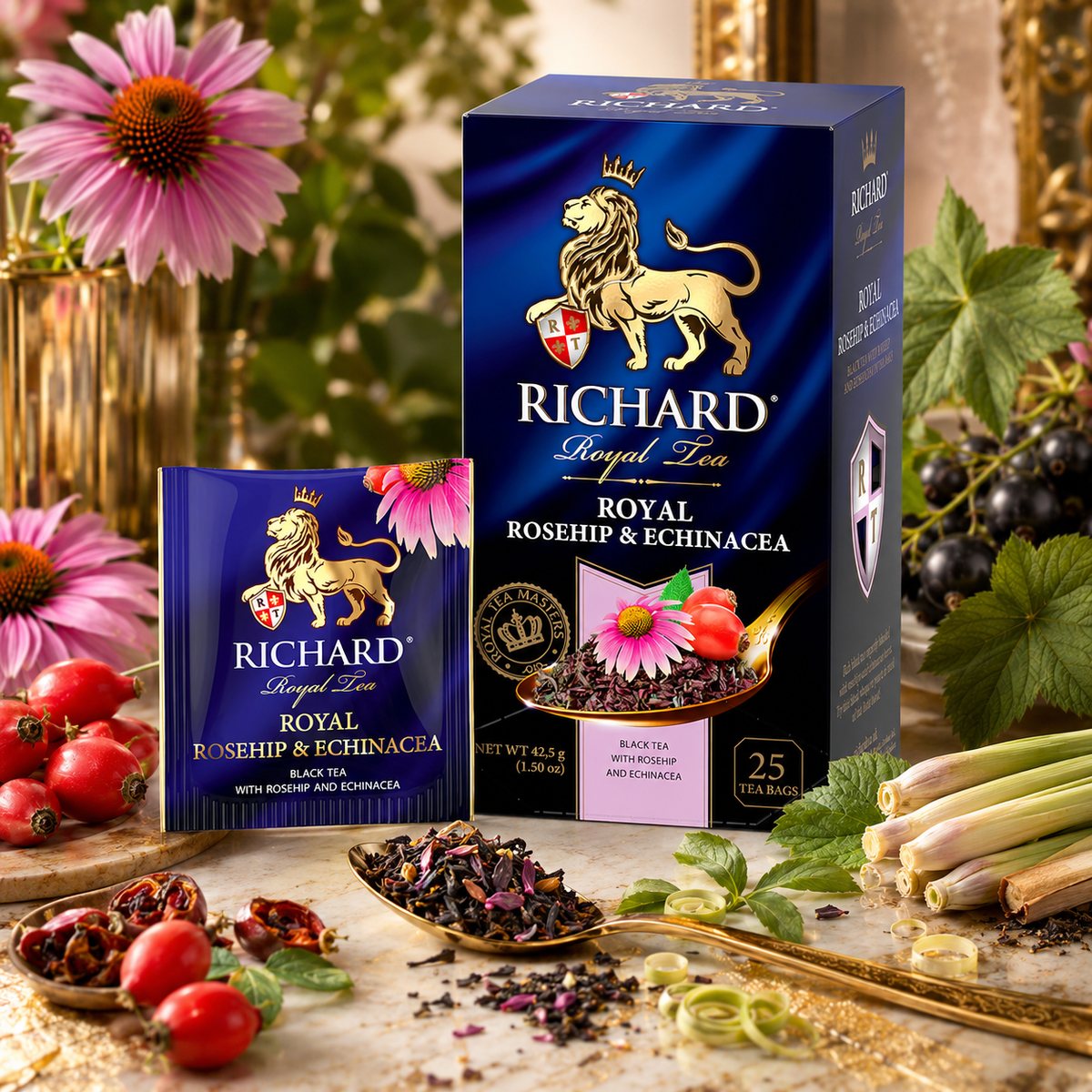 Richard Royal Rosehip & Echinacea Black Tea Bags with Lemongrass & Blackcurrant Leaf, 25-Sachet Gift Box, 42.5g