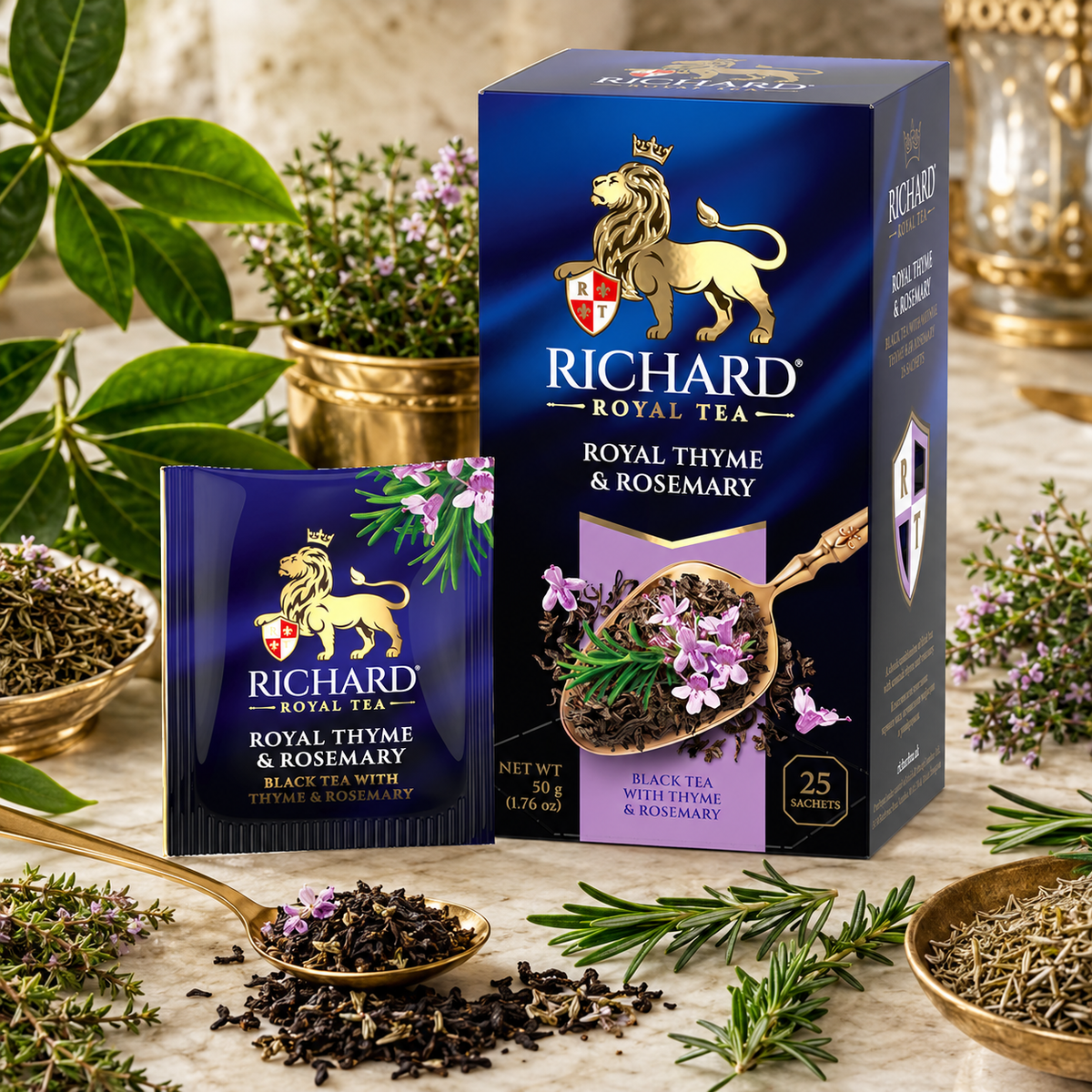 Richard Royal Thyme & Rosemary Black Tea Bags, Herbal Botanical Blend, 25-Sachet Gift Box, 50g