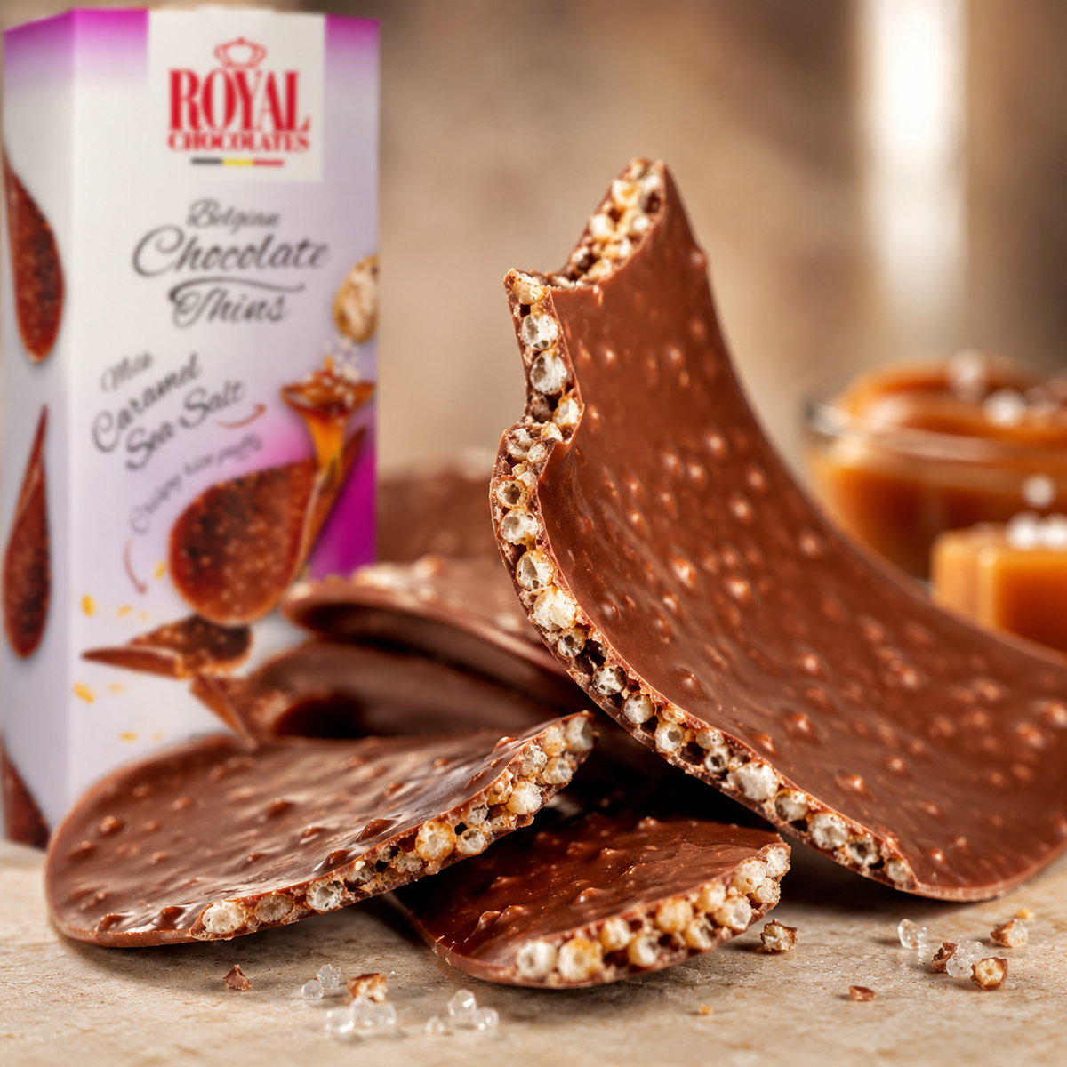Royal Chocolates Belgian Milk Chocolate Thins with Caramel & Sea Salt, 4.4 oz (125 g)