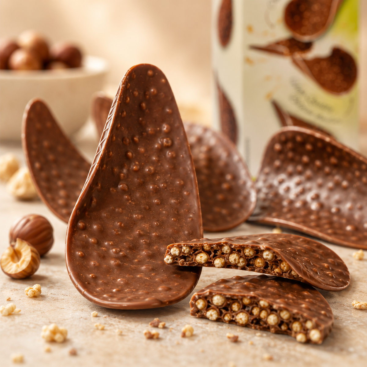 Royal Chocolates Belgian Milk Chocolate Hazelnut Thins with Crispy Rice Puffs, 4.4 oz (125 g)