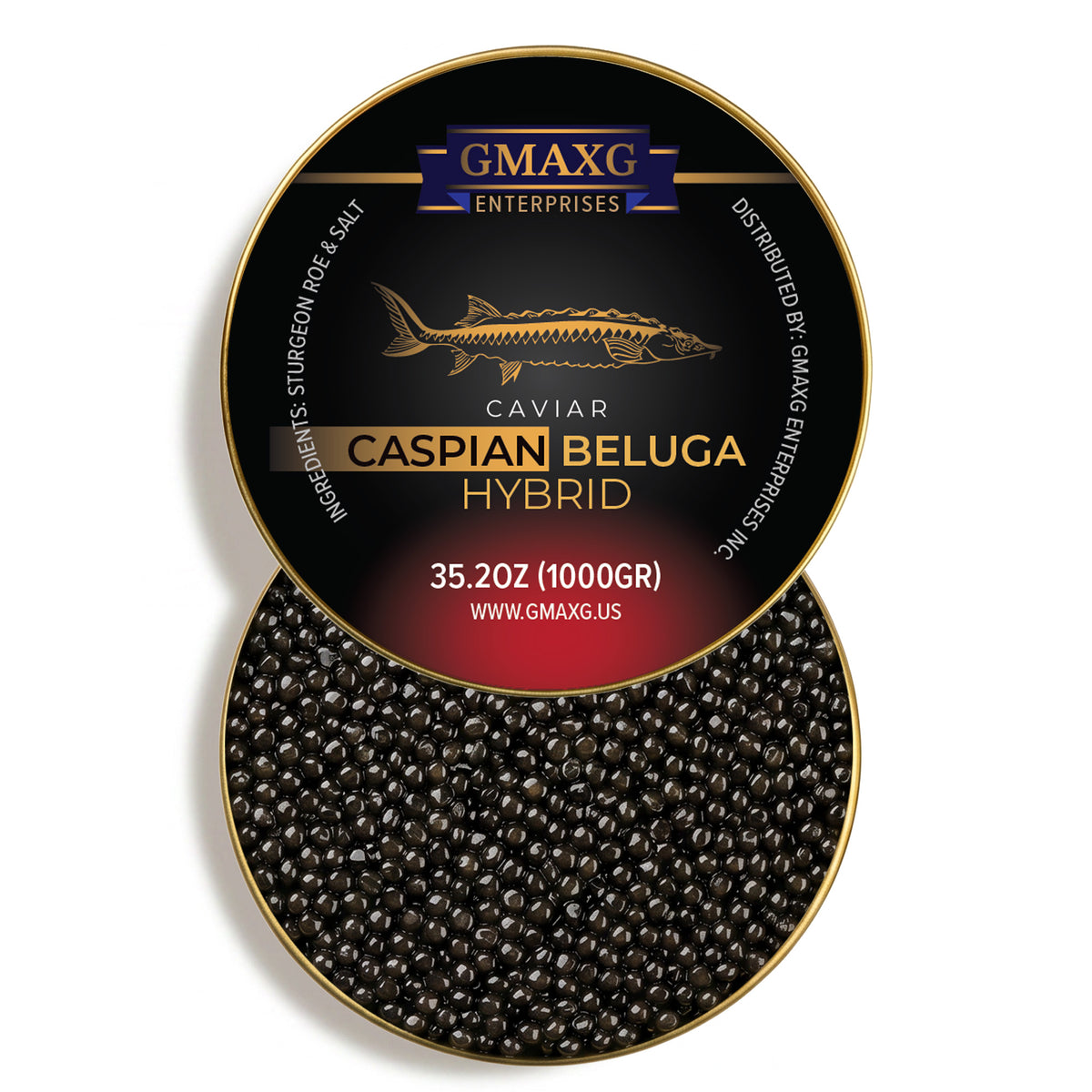 Premium Caspian Beluga Hybrid caviar 1000g tin featuring large glossy black pearls with a rich buttery flavor profile.