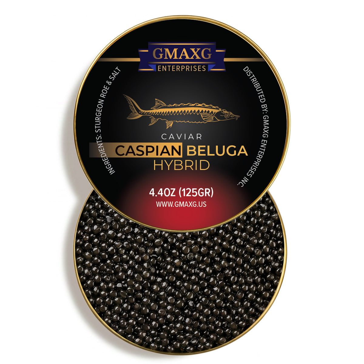 Open 125g Caspian Beluga Hybrid caviar tin showcasing large glossy black pearls and premium luxury caviar presentation.