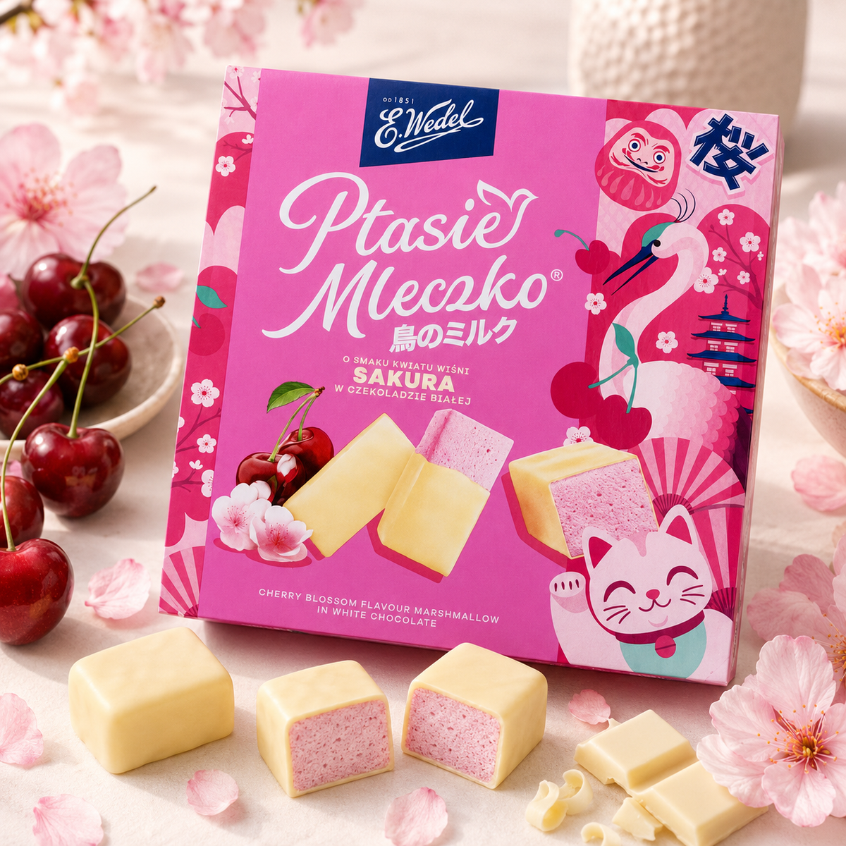 E. Wedel Limited Edition Ptasie Mleczko Polish Bird's Milk – Sakura Cherry Blossom in White Chocolate, 340g