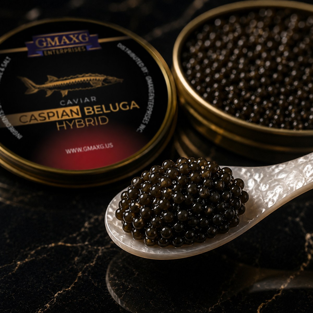 Close-up of Caspian Beluga Hybrid caviar on a mother-of-pearl spoon with glossy pearls and luxury caviar tins.