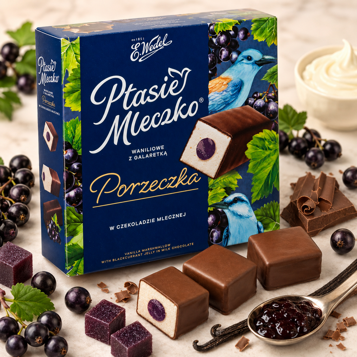 E. Wedel Limited Edition Ptasie Mleczko Polish Bird's Milk – Vanilla Marshmallow with Blackcurrant Jelly in Milk Chocolate, 340g