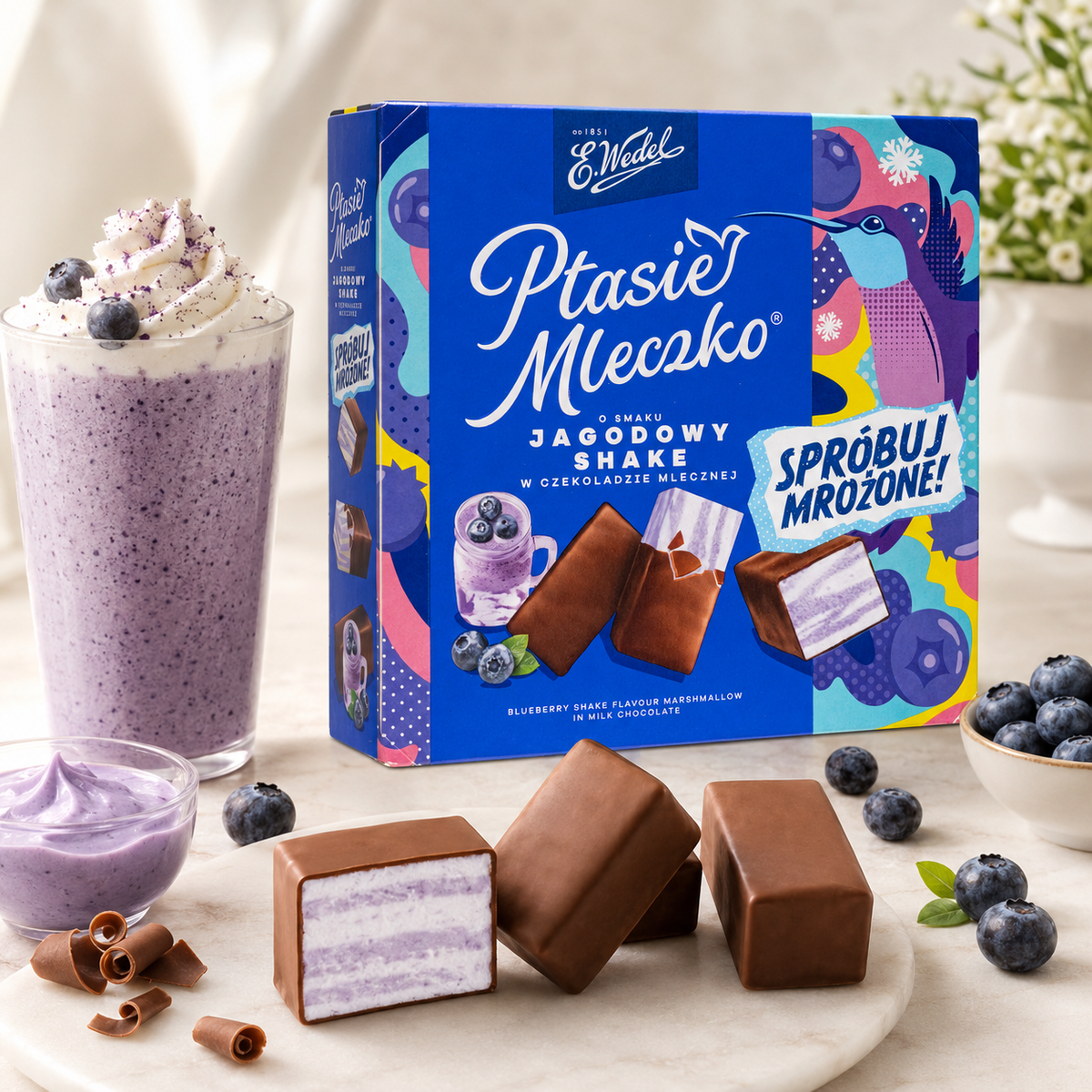 E. Wedel Limited Edition Ptasie Mleczko Polish Bird's Milk – Blueberry Shake in Milk Chocolate, 340g