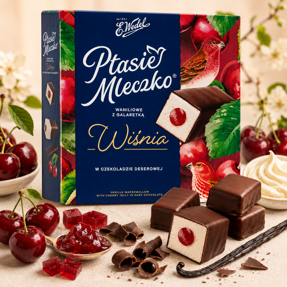 E. Wedel Limited Edition Ptasie Mleczko Polish Bird's Milk – Vanilla Marshmallow with Cherry Jelly in Dark Chocolate, 340g