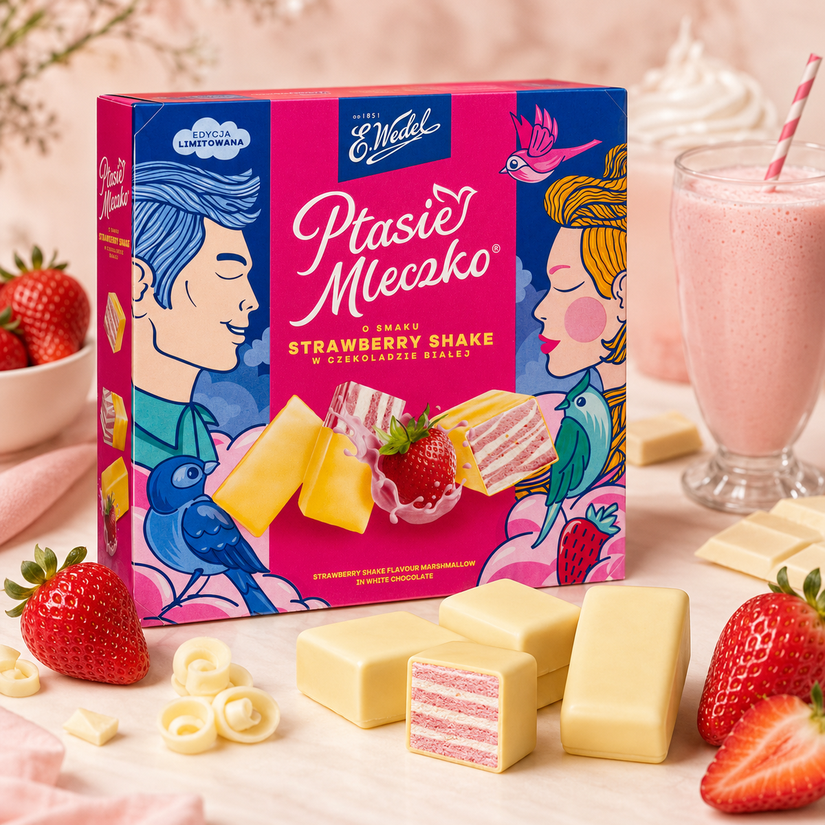 E. Wedel Limited Edition Ptasie Mleczko Polish Bird's Milk – Strawberry Shake in White Chocolate, 340g