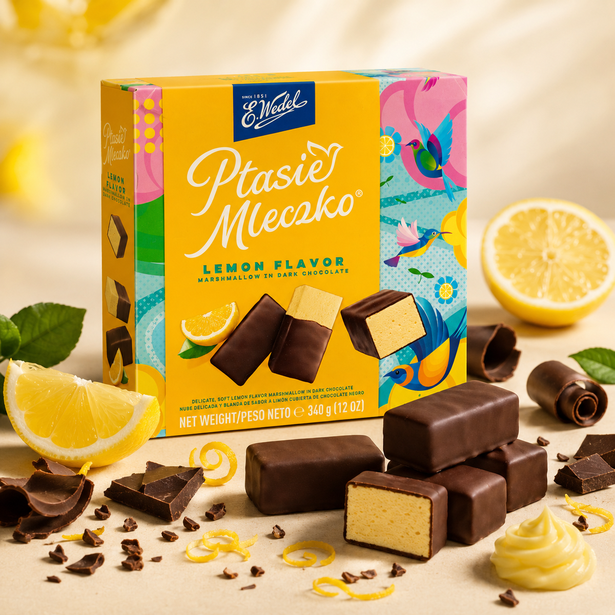 E. Wedel Ptasie Mleczko Polish Bird's Milk – Lemon Marshmallow in Dark Chocolate, 340g
