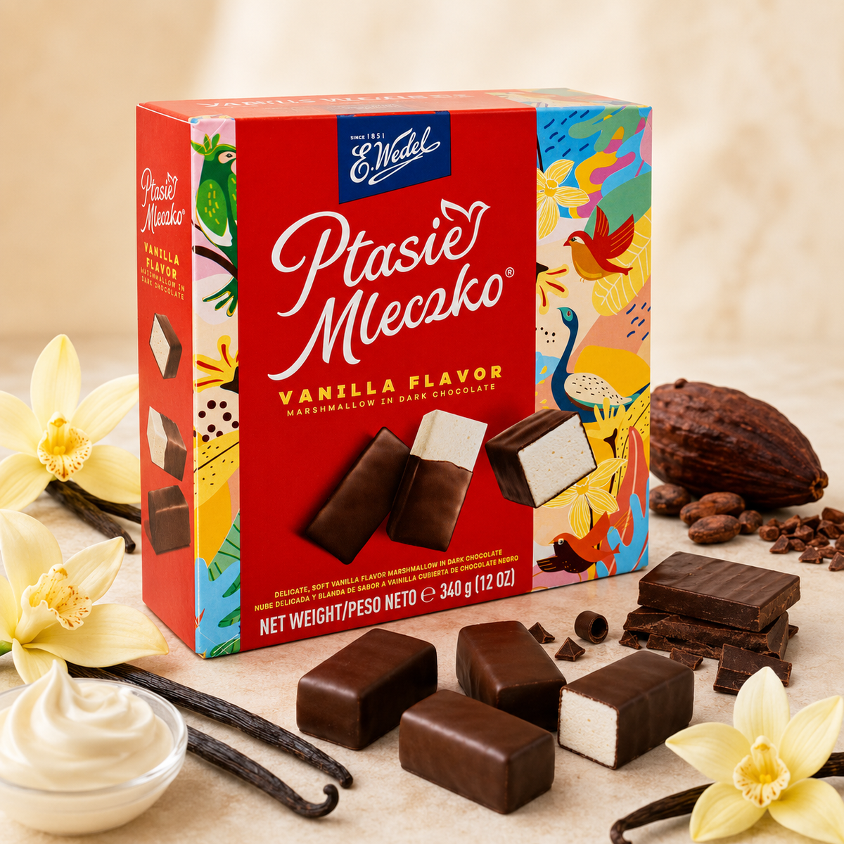 E. Wedel Ptasie Mleczko Polish Bird's Milk – Vanilla Marshmallow in Dark Chocolate, 340g