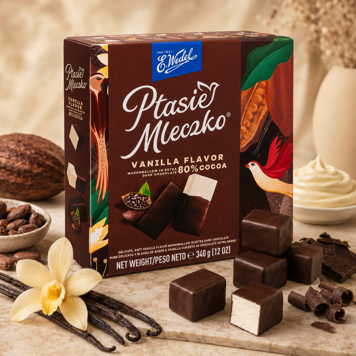 E. Wedel Ptasie Mleczko Polish Bird's Milk – Vanilla Marshmallow in 80% Extra Dark Chocolate, 340g