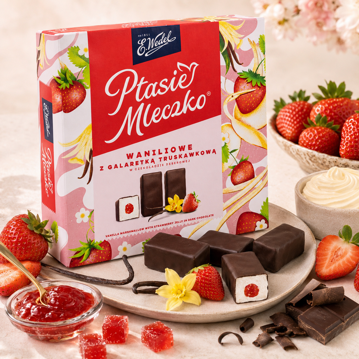 E. Wedel Ptasie Mleczko Polish Bird's Milk – Vanilla Marshmallow with Strawberry Jelly in Dark Chocolate, 340g