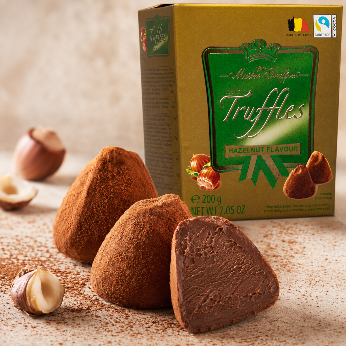 Maitre Truffout Hazelnut Flavor Belgian Cocoa-Dusted Truffles, 200g