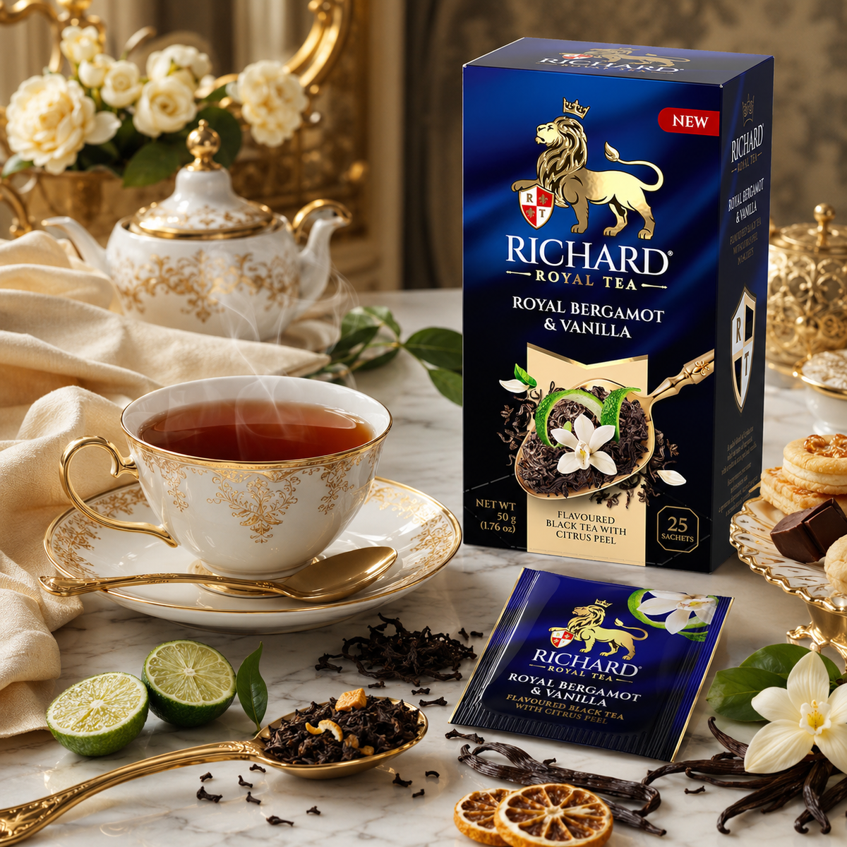 Richard Royal Bergamot & Vanilla Ceylon Black Tea Bags with Citrus Peel, 25-Sachet Gift Box, 50g