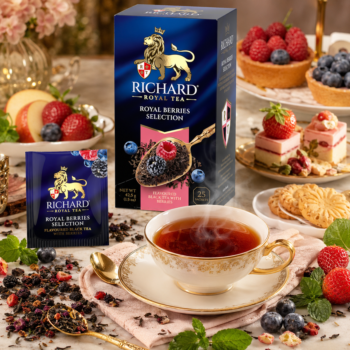 Richard Royal Berries Selection Black Tea Bags with Blueberry, Strawberry & Raspberry, 25-Sachet Gift Box, 42.5g